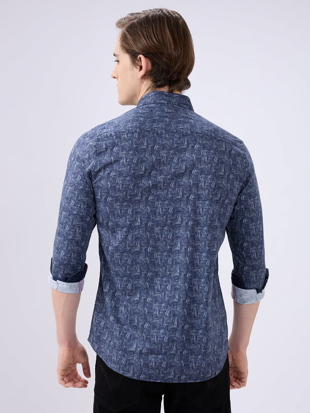 Men's Navy Blue Cotton Blended Printed Slim Fit Full Sleeves Casual Shirt