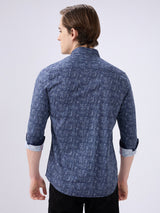 Men's Navy Blue Cotton Blended Printed Slim Fit Full Sleeves Casual Shirt