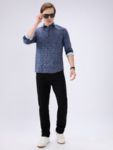 Men's Navy Blue Cotton Blended Printed Slim Fit Full Sleeves Casual Shirt