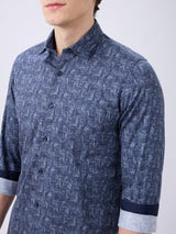 Men's Navy Blue Cotton Blended Printed Slim Fit Full Sleeves Casual Shirt