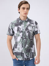 Men's Green Cotton Blend Printed Slim Fit Half Sleeves Casual Shirt