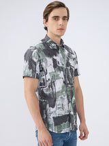 Men's Green Cotton Blend Printed Slim Fit Half Sleeves Casual Shirt