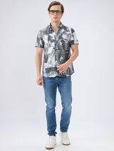 Men's Green Cotton Blend Printed Slim Fit Half Sleeves Casual Shirt
