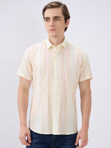 Men's Yellow Cotton Blend Striped Slim Fit Half Sleeves Casual Shirt