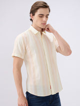 Men's Yellow Cotton Blend Striped Slim Fit Half Sleeves Casual Shirt