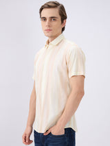 Men's Yellow Cotton Blend Striped Slim Fit Half Sleeves Casual Shirt