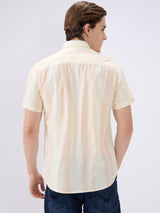 Men's Yellow Cotton Blend Striped Slim Fit Half Sleeves Casual Shirt