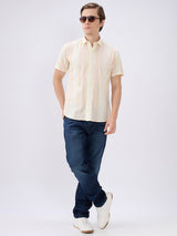 Men's Yellow Cotton Blend Striped Slim Fit Half Sleeves Casual Shirt