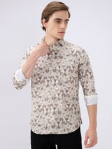 Men's Beige Cotton Blend Printed Slim Fit Full Sleeves Casual Shirt