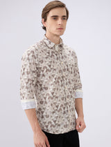 Men's Beige Cotton Blend Printed Slim Fit Full Sleeves Casual Shirt