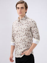 Men's Beige Cotton Blend Printed Slim Fit Full Sleeves Casual Shirt