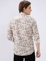Men's Beige Cotton Blend Printed Slim Fit Full Sleeves Casual Shirt