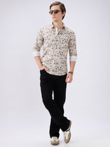 Men's Beige Cotton Blend Printed Slim Fit Full Sleeves Casual Shirt