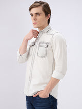Men's Grey Cotton Blend Solid Slim Fit Full Sleeves Casual Shirt
