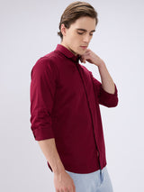 Men's Maroon Cotton Blend Solid Slim Fit Full Sleeves Casual Shirt