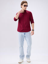 Men's Maroon Cotton Blend Solid Slim Fit Full Sleeves Casual Shirt