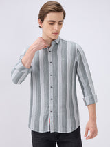 Men's Grey Cotton Blend Striped Slim Fit Full Sleeves Casual Shirt