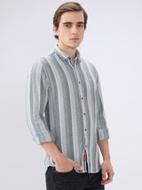 Men's Grey Cotton Blend Striped Slim Fit Full Sleeves Casual Shirt