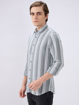 Men's Grey Cotton Blend Striped Slim Fit Full Sleeves Casual Shirt
