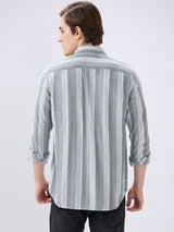 Men's Grey Cotton Blend Striped Slim Fit Full Sleeves Casual Shirt