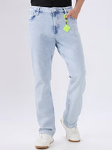 Men's Blue Mid-Rise Bootcut Cotton Blend Casual Jeans