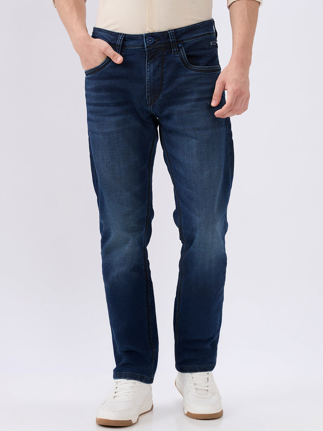 Men's Blue Mid-Rise Straight Fit Cotton Blend Casual Jeans