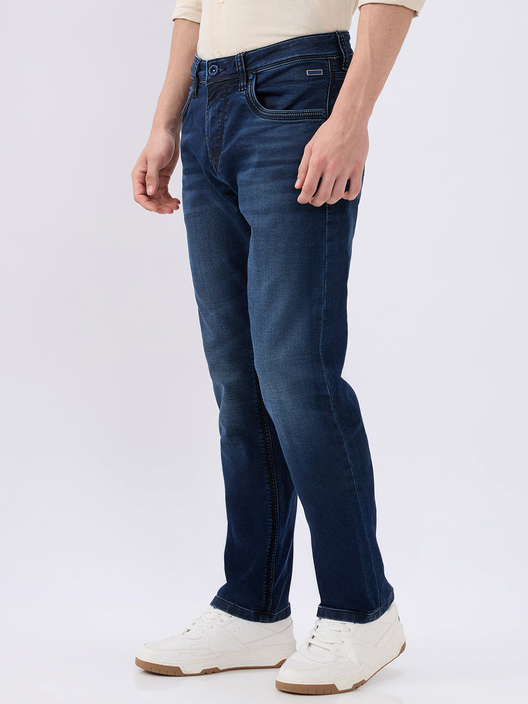 Men's Blue Mid-Rise Straight Fit Cotton Blend Casual Jeans