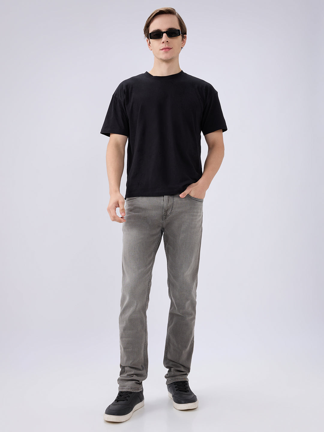 Men's Grey Mid-Rise Straight Fit Cotton Blended Casual Jeans