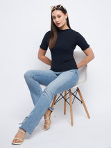 Women's Navy Casual Regular Fit Solid Half Sleeves Top