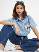 Women's Light Blue Casual Half Sleeve Graphic Print Cotton Shirt