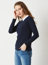 Women's Navy Blue Collared Round Neck Full Sleeves Cotton Solid Button Top