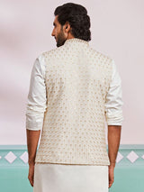 Men's White Rayon Floral Embroidered Full Sleeves Nehru Jacket