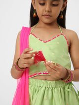 Girls Green Printed Sleeveless Lehenga Set with Dupatta