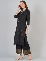 Women's Black Ethnic Three Quarter Sleeves Kurta with Palazzo