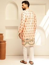 Men's Peach Cotton Daman Print Long Kurta with Krochet Embroidery