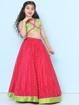 Girls Green and Pink Ethnic Sleeveless Woven Design Choli and Lehenga with Dupatta