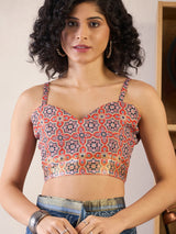Women's Cotton Navy Printed Ready to Wear with Blouse Piece