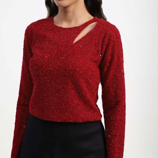 Women's Wine Embellished Shoulder Cutout Top