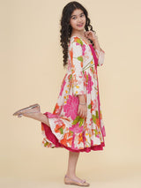 Girls Multicolor Digital Printed Fit & Flared Dress with Printed Jacket
