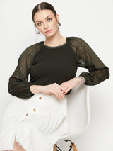 Women's Olive Casual Full Sleeve Sheer Top