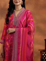 Women's Pink Printed Kurta With Woven Design Floral Motifs & Trouser With Dupatta