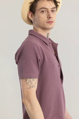 Men's Mauve Casual Slim Fit Textured Half Sleeves Polo Tshirt