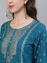 Women's Teal Blue Embroidered Kurta with Sharara Dupatta