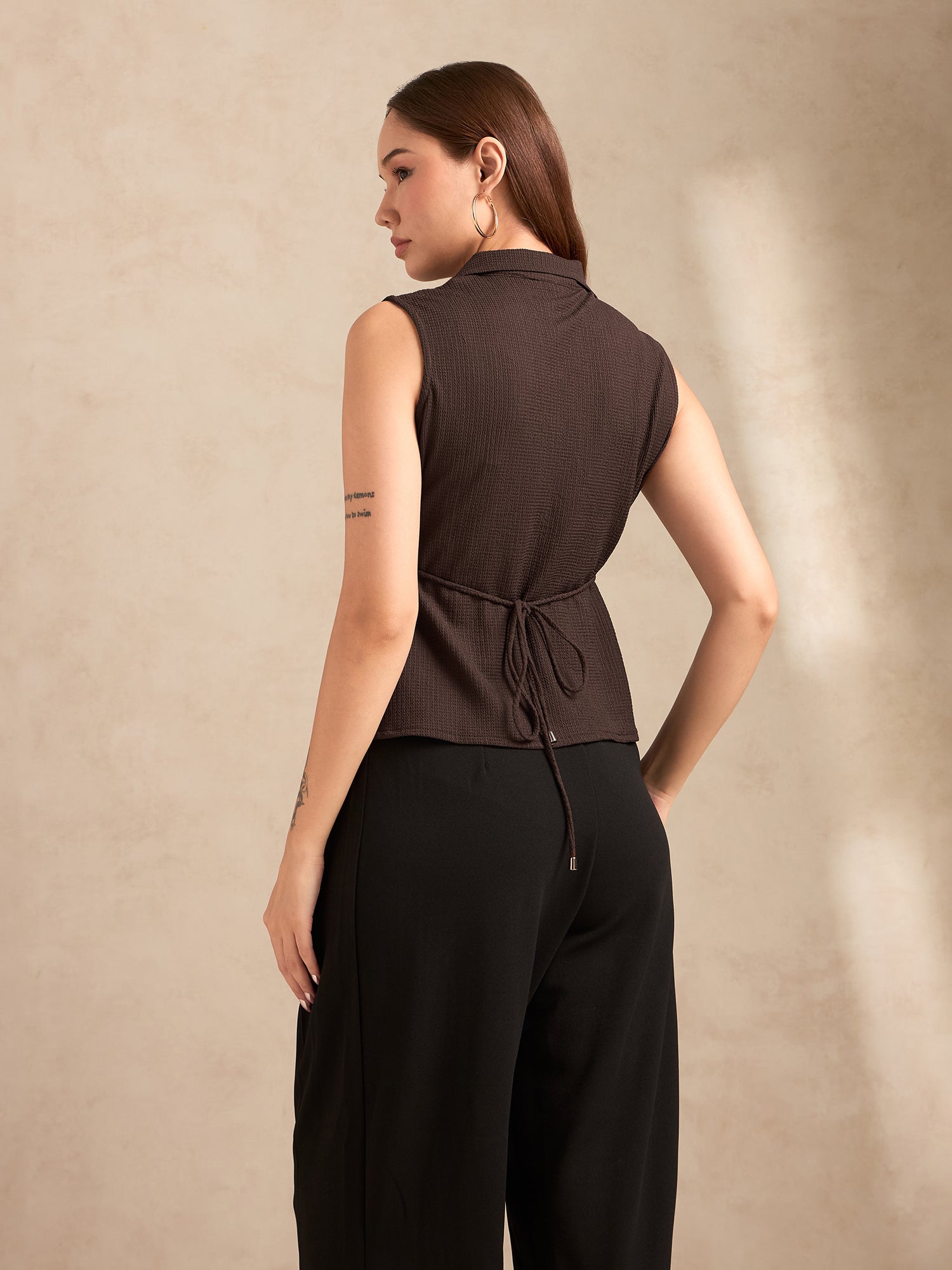Women's Brown Party Solid Sleeveless Top