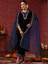 Women's Velvet Navy Straight Kurta Set with Dupatta