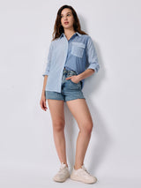 Women's Blue Oversized Fit Full Sleeve Shirt