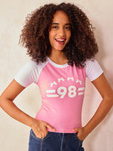 Women's Pink Raglan Cropped Top With Graphic Print