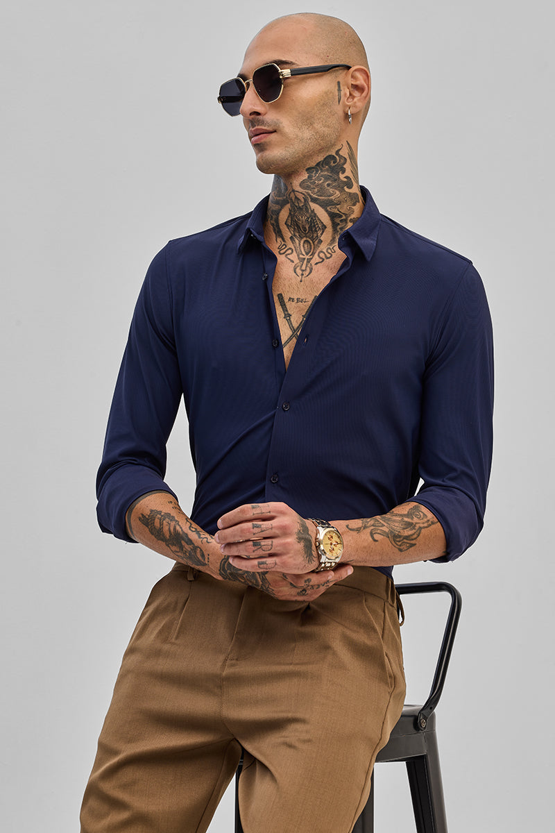 Men's Navy Casual Slim Fit Solid Full Sleeves Shirt