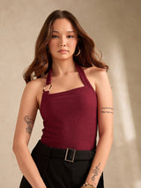 Women's Maroon Halter Neck Metal Trim Detailing Tank