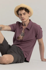 Men's Mauve Casual Slim Fit Textured Half Sleeves Polo Tshirt